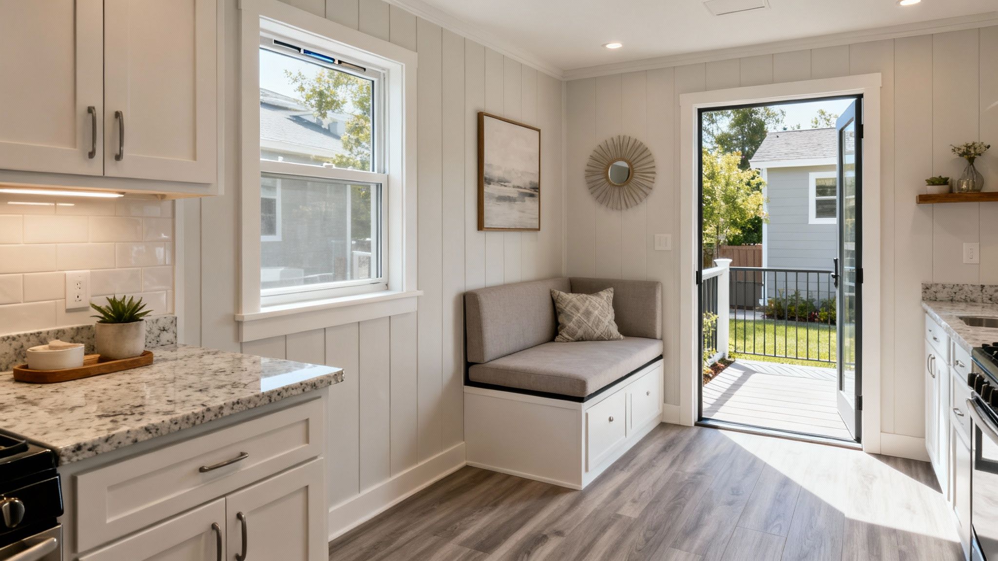Bright, modern kitchen with white cabinets, granite counters, a cozy built-in dining nook, and patio access.