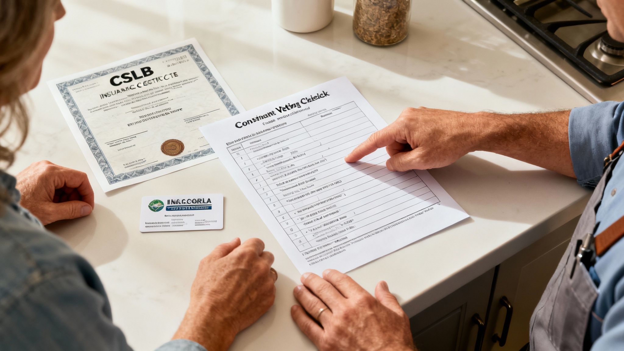 A person checking off items on a digital tablet checklist, with a newly installed window in the background.