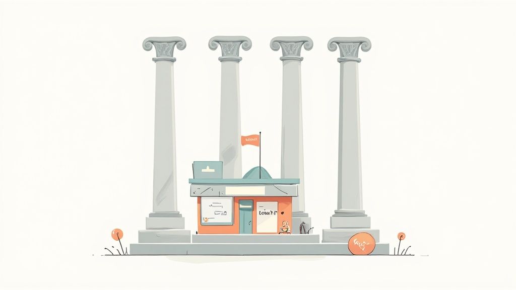 A cartoon illustration of a small building with a flag, centered between four tall classical columns on a platform.