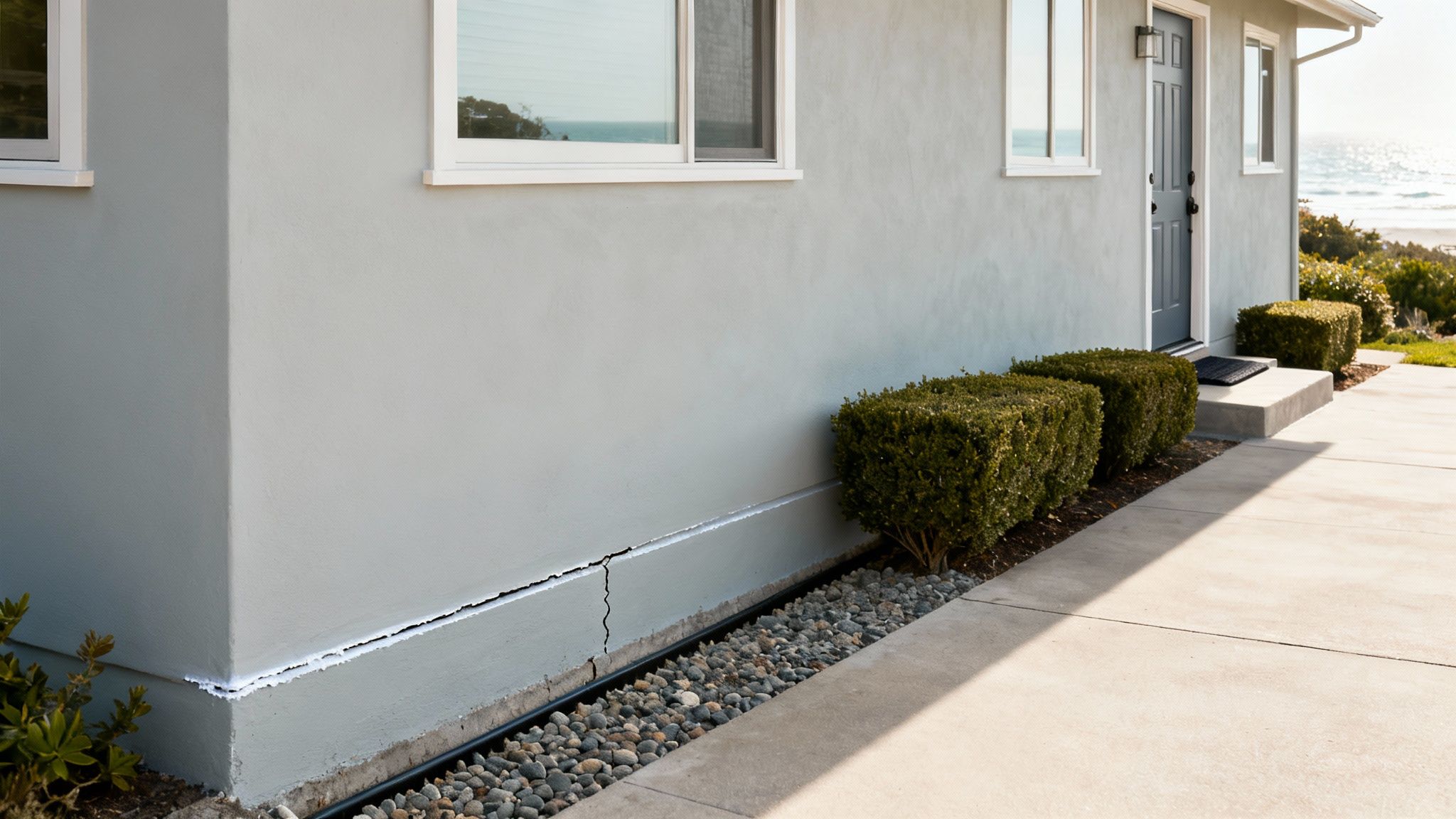 House exterior with a visible foundation crack, green bushes, a concrete path, and distant ocean.