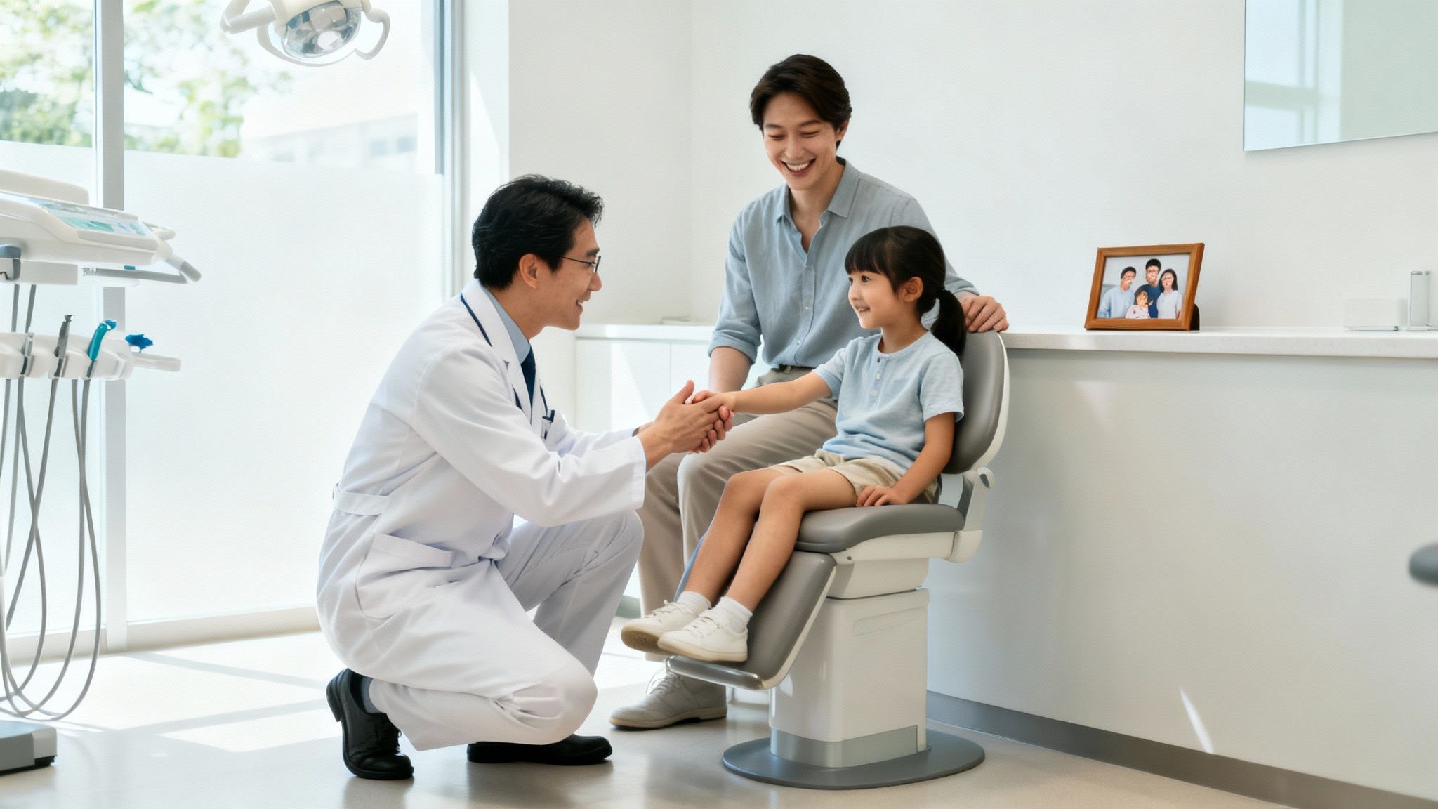 A friendly dentist reassures a smiling little girl in a dental chair, with her father nearby.