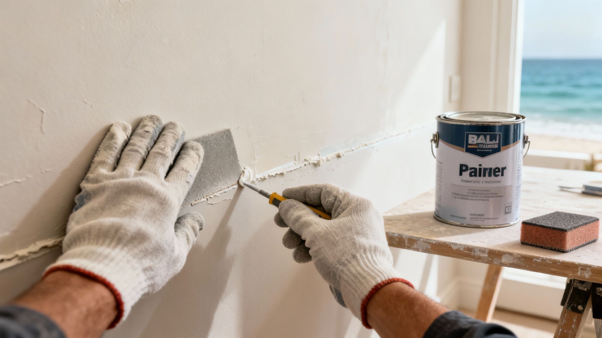 A person in work gloves scrapes and sands a wall to prepare it for painting.