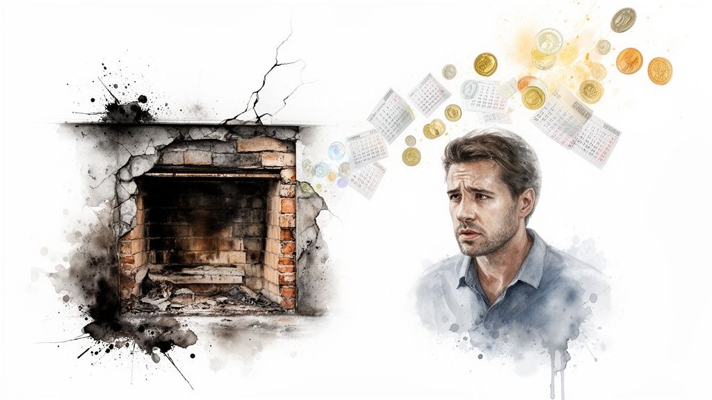 Worried man contemplating money and time expenses for a damaged, cracked fireplace.