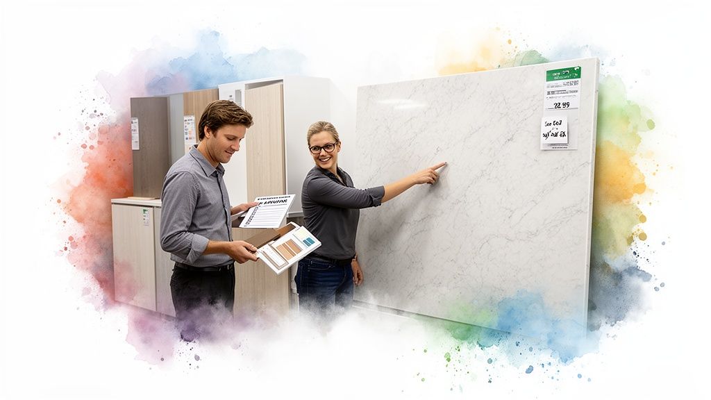 Smiling woman points at a large quartz slab while a man holds material samples, discussing choices.