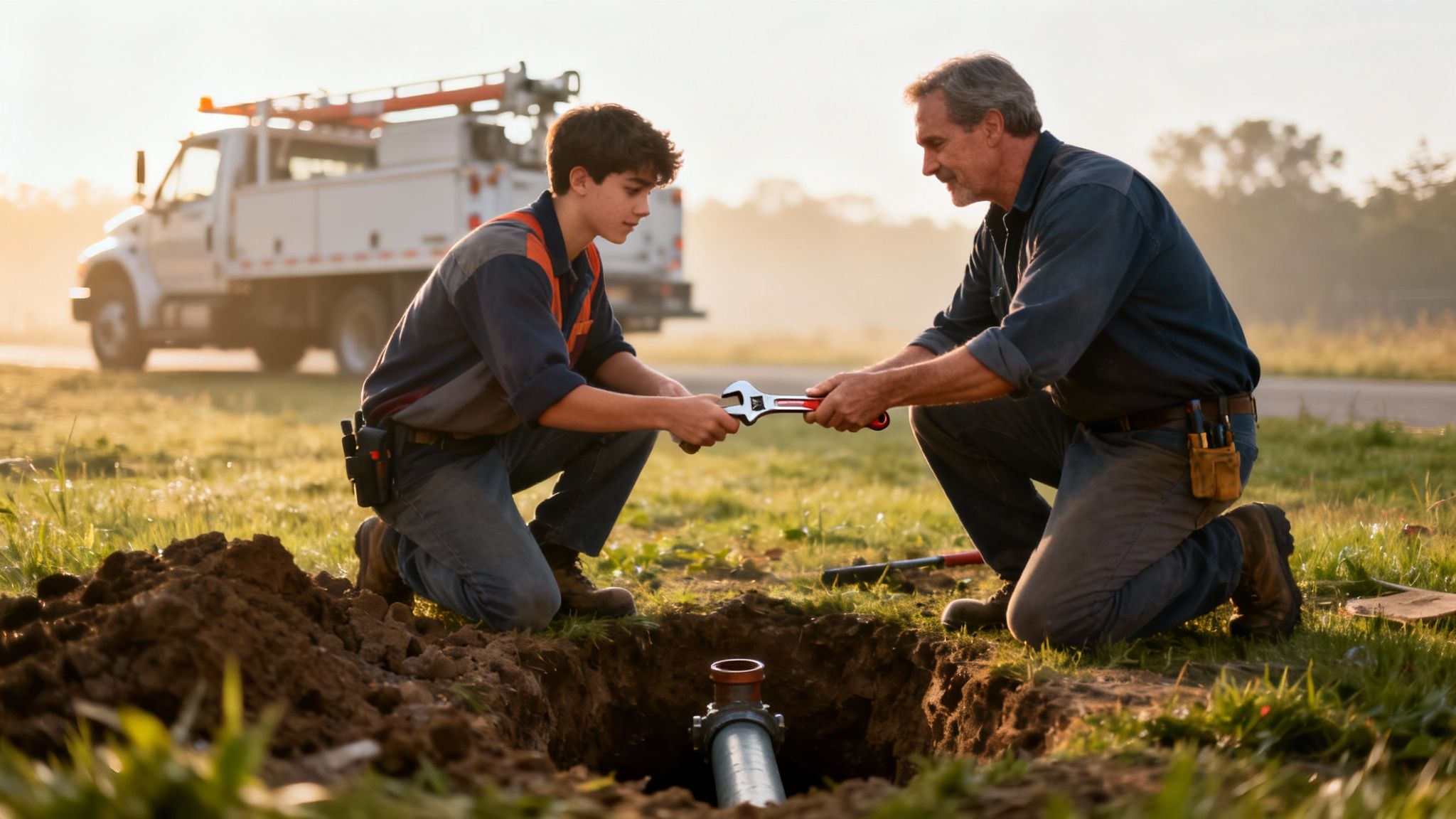 An older man and a young man work together on a utility pipe, passing a wrench.