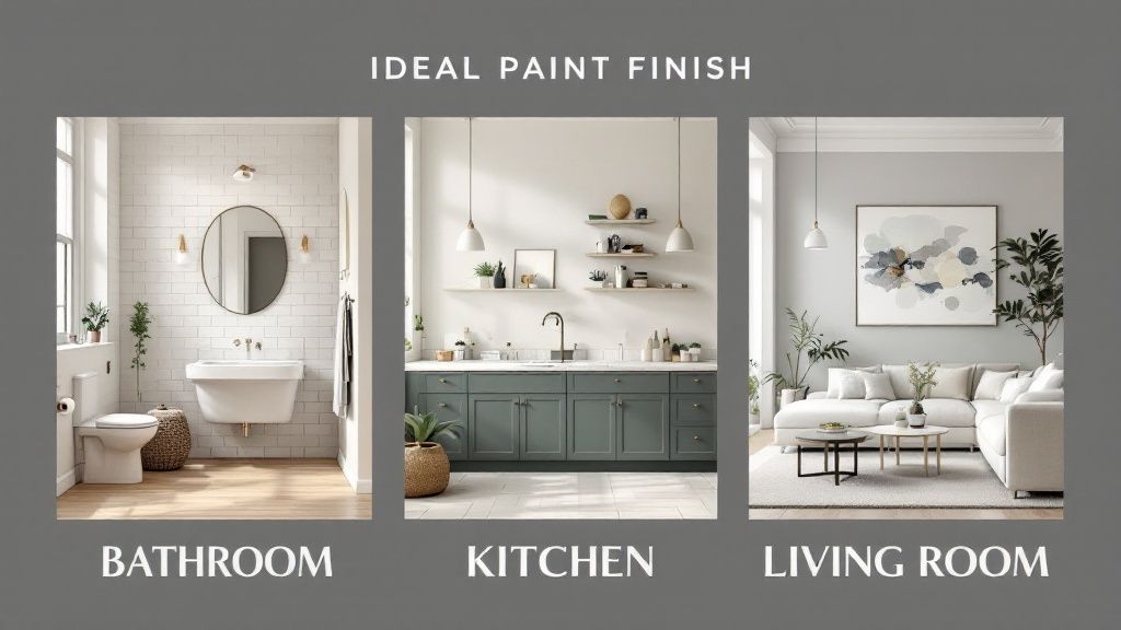 A bright and modern living room with light gray eggshell walls and crisp white semi-gloss trim.