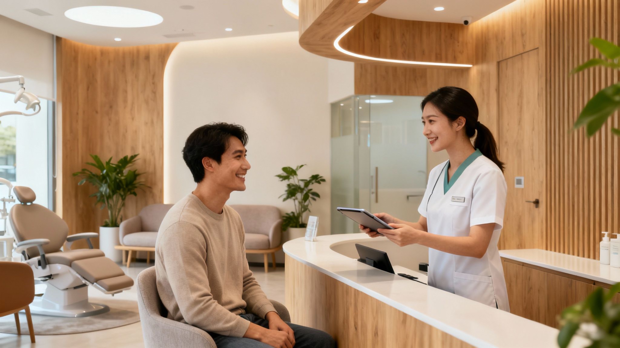 A smiling patient talks to a dental assistant at a modern clinic reception.