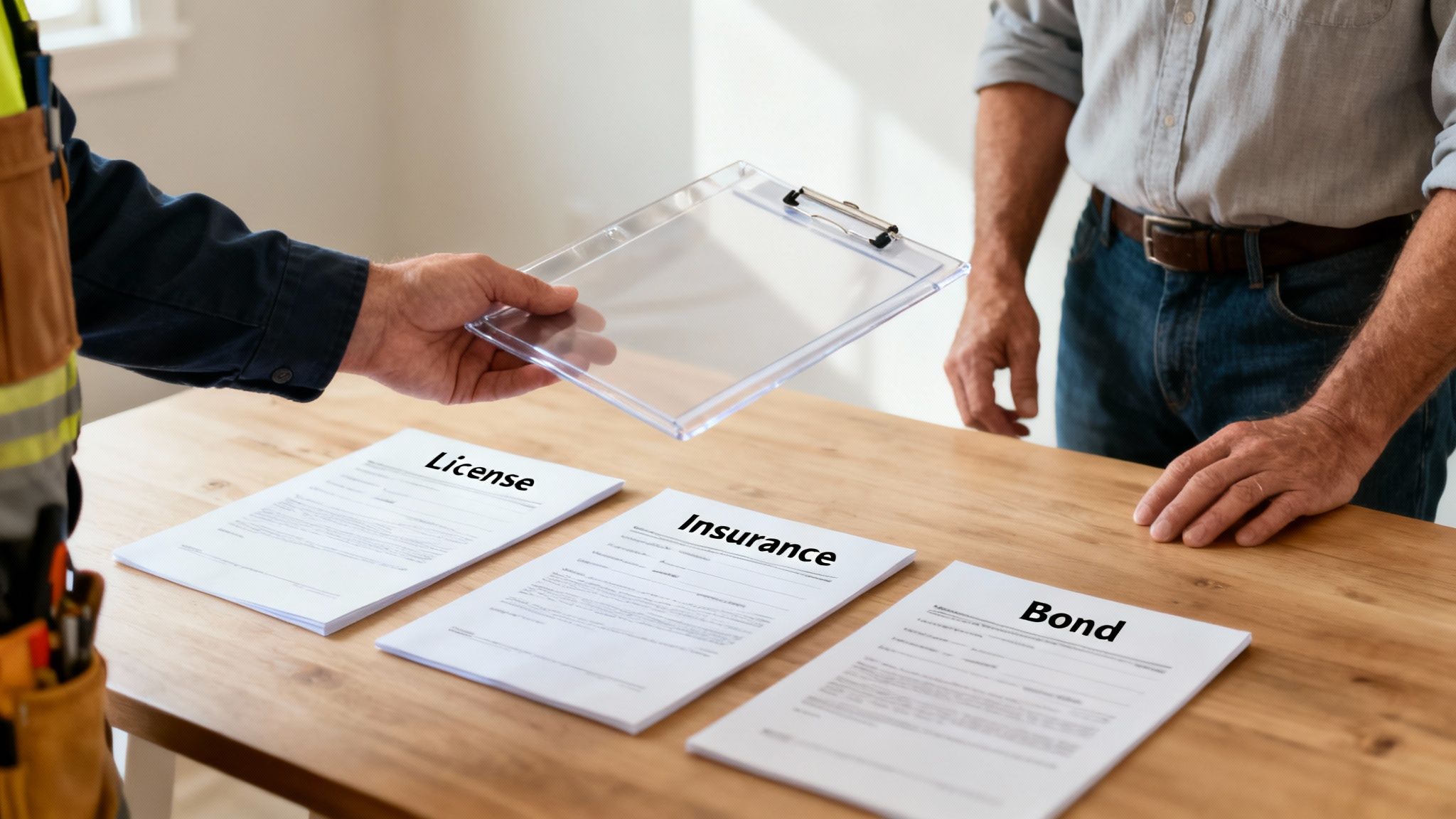 A contractor presents license, insurance, and bond documents on a table to a client.