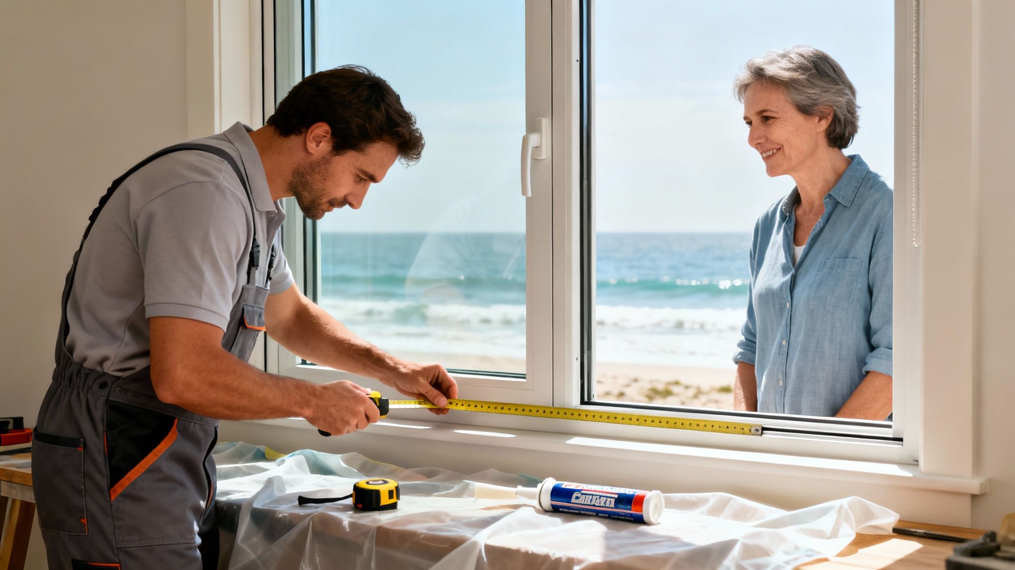 A man in work overalls measures a window by the ocean, while a woman smiles nearby.