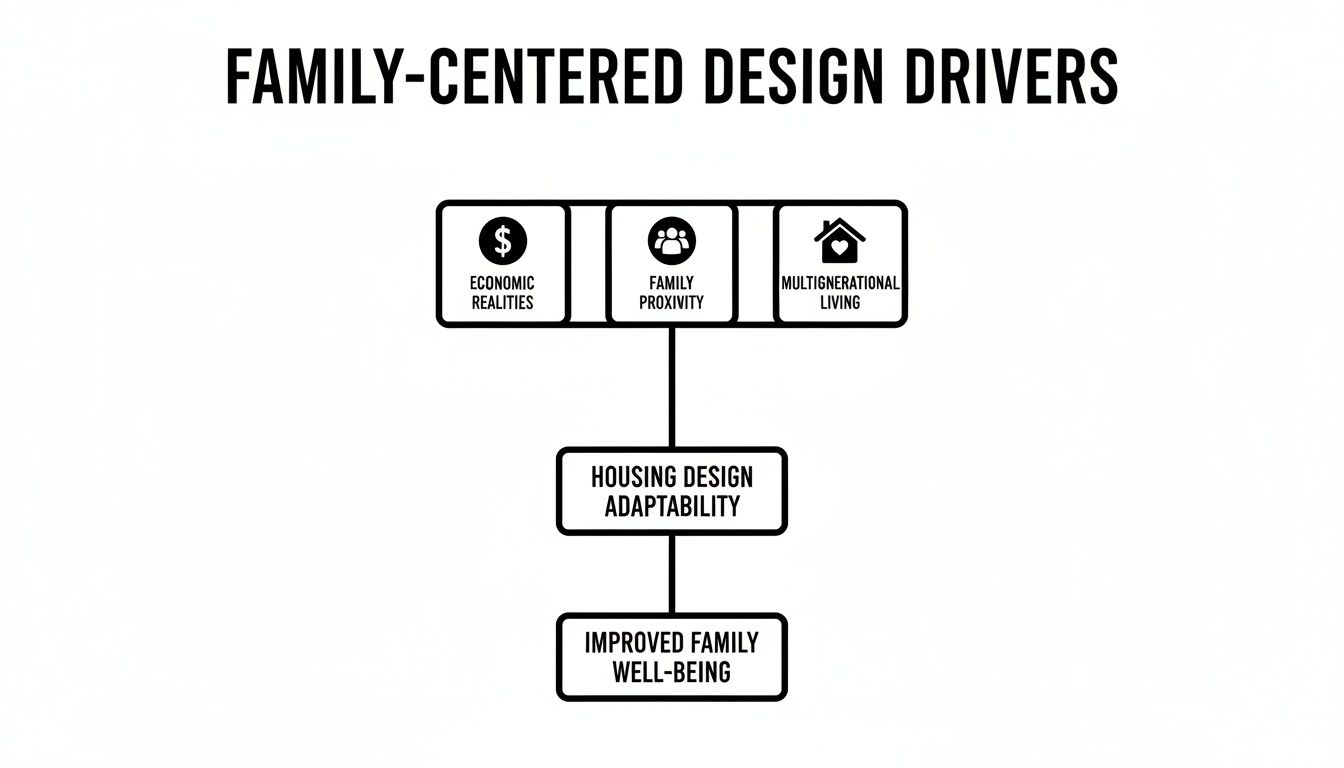 Diagram showing family-centered design drivers: economic realities, family proximity, and multigenerational living, leading to housing adaptability and improved family well-being.
