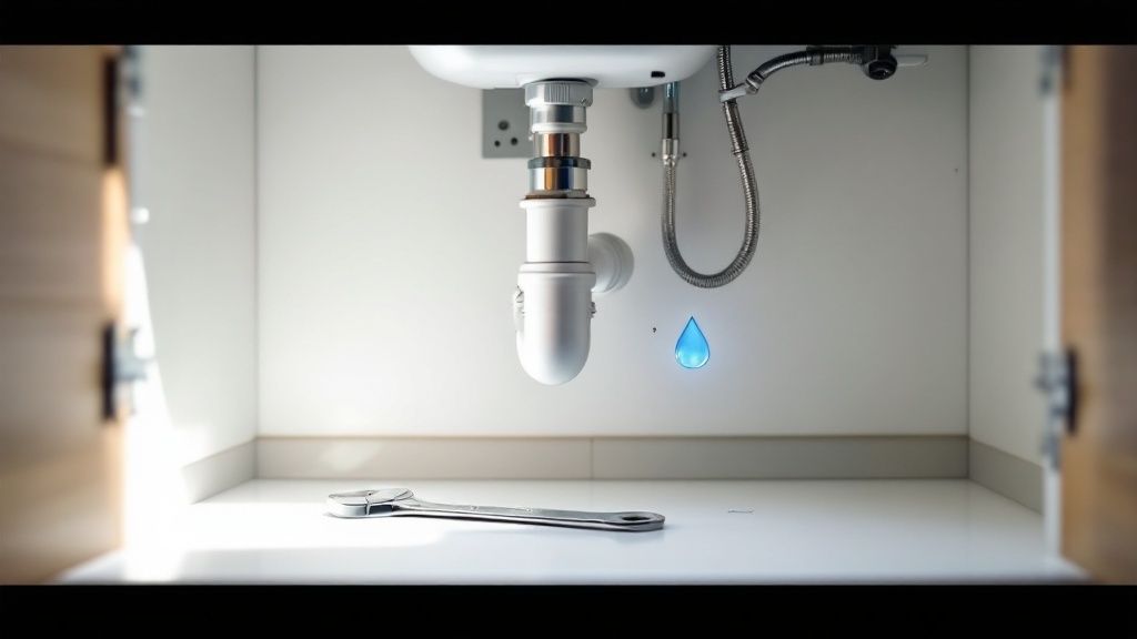 A person inspecting under a bathroom sink for plumbing leaks and pipe condition.
