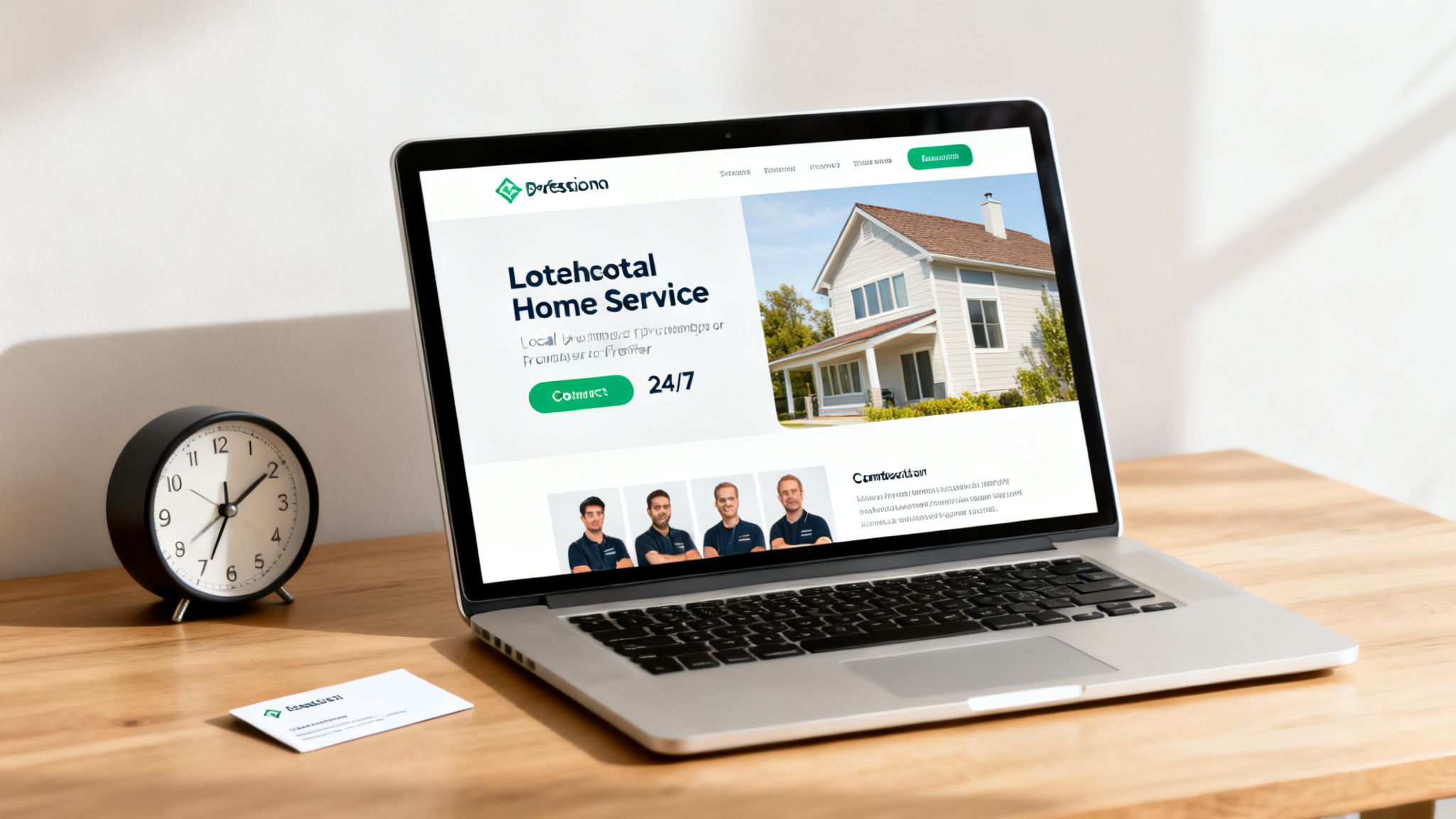 A laptop on a wooden desk displays a modern home service website with a clean design.