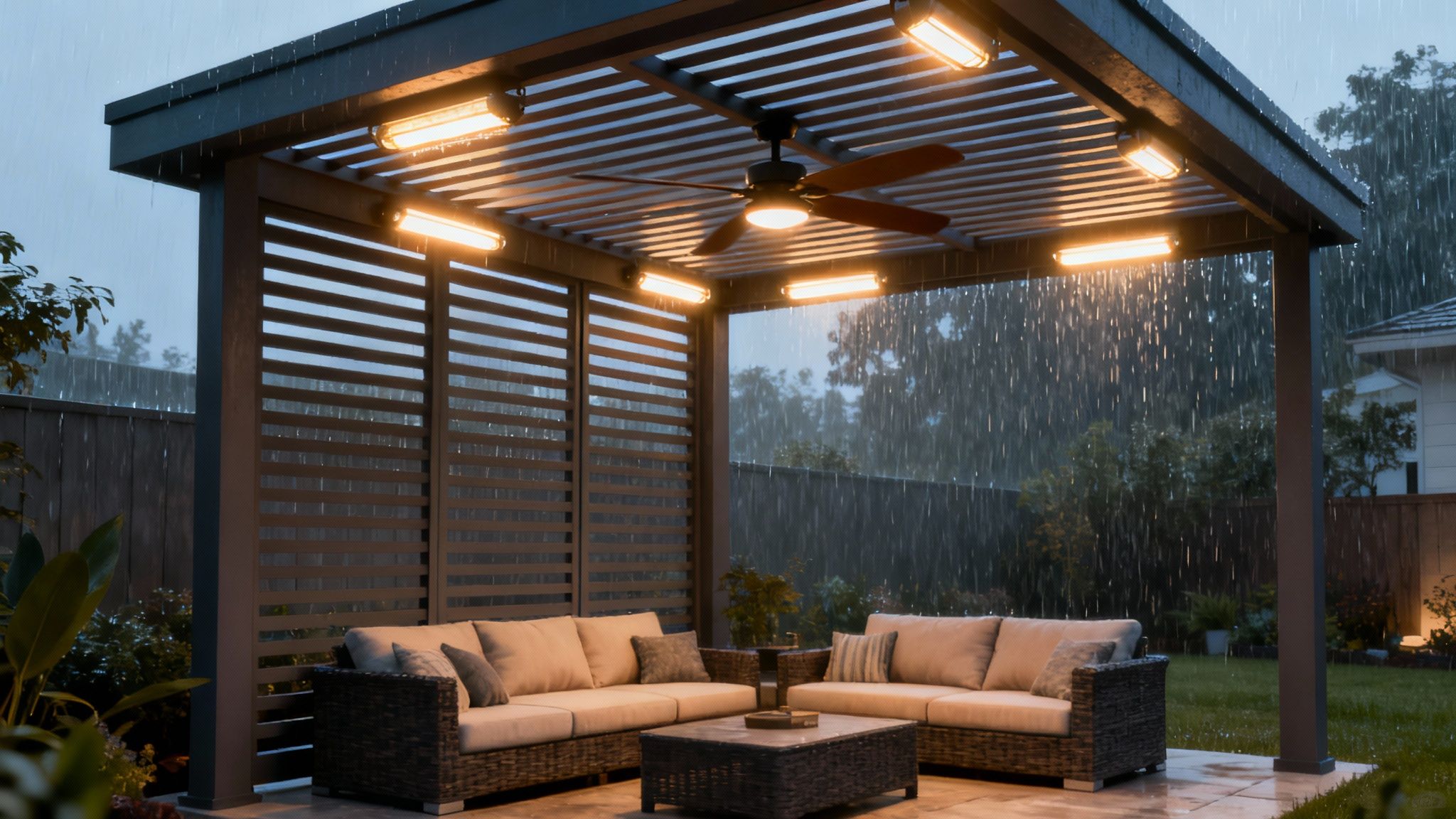 A modern pavilion with a fireplace and seating, designed for all-season outdoor living.