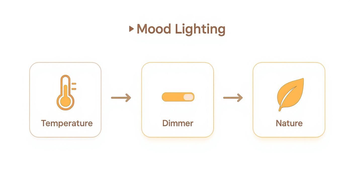 A diagram illustrating mood lighting controls with icons for temperature, dimmer, and nature settings.