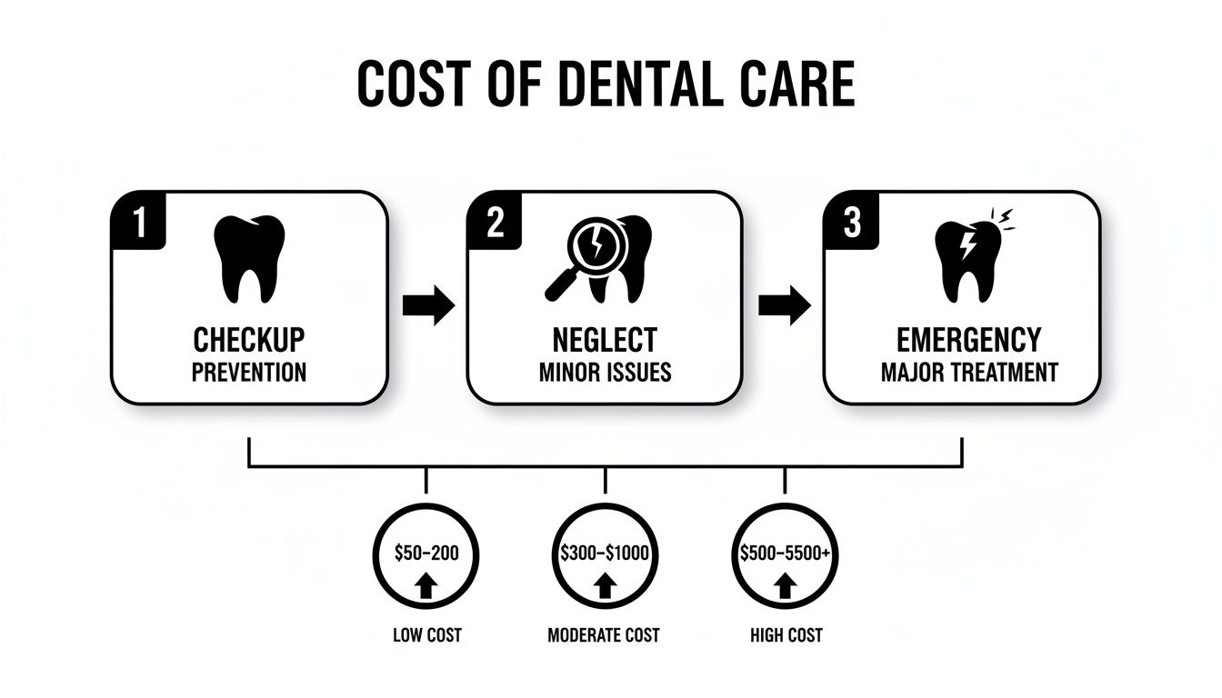 Flowchart showing the increasing cost of dental care from prevention to emergency treatment.