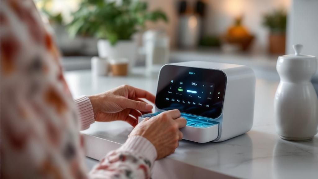 An organized medication dispenser with pills sorted by day and time, illustrating a key tool in medication management for seniors.