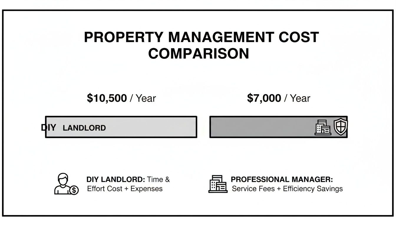 A comparison chart showing DIY landlord property management costs at $10,500 per year versus professional manager costs at $7,000 per year.