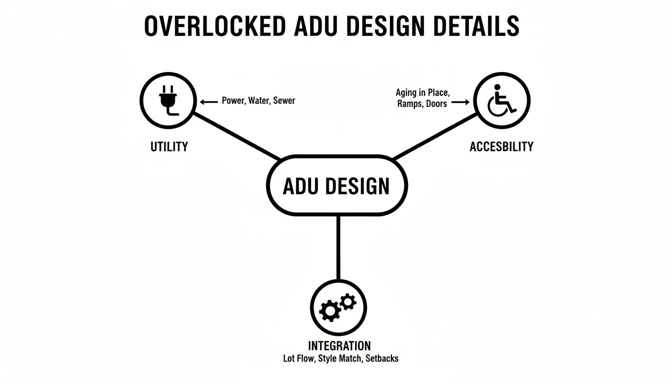 Diagram illustrating overlooked ADU design details, including utility, accessibility, and integration considerations.
