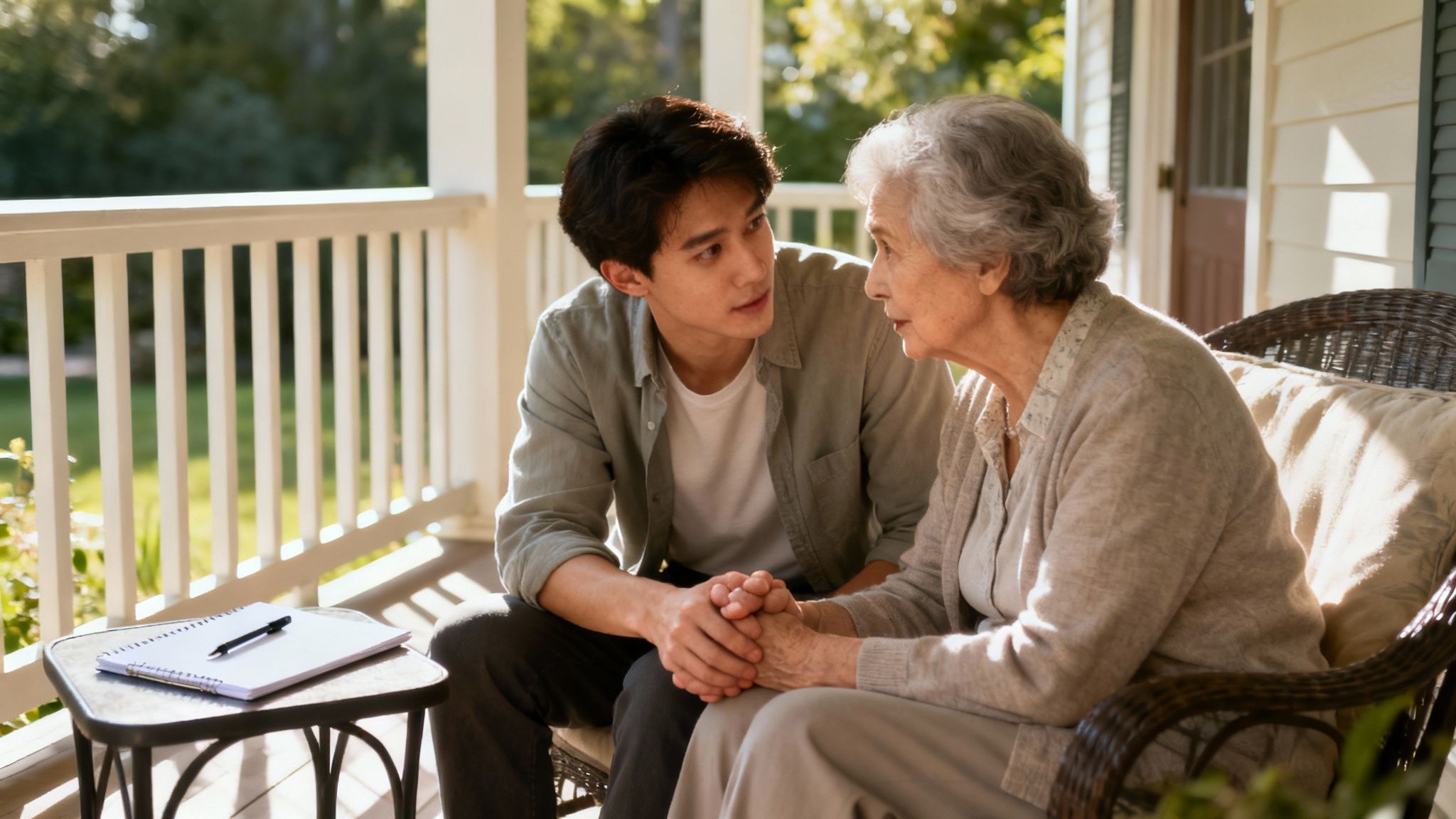 Young caregiver holding hands with elderly woman on porch discussing hospice care options