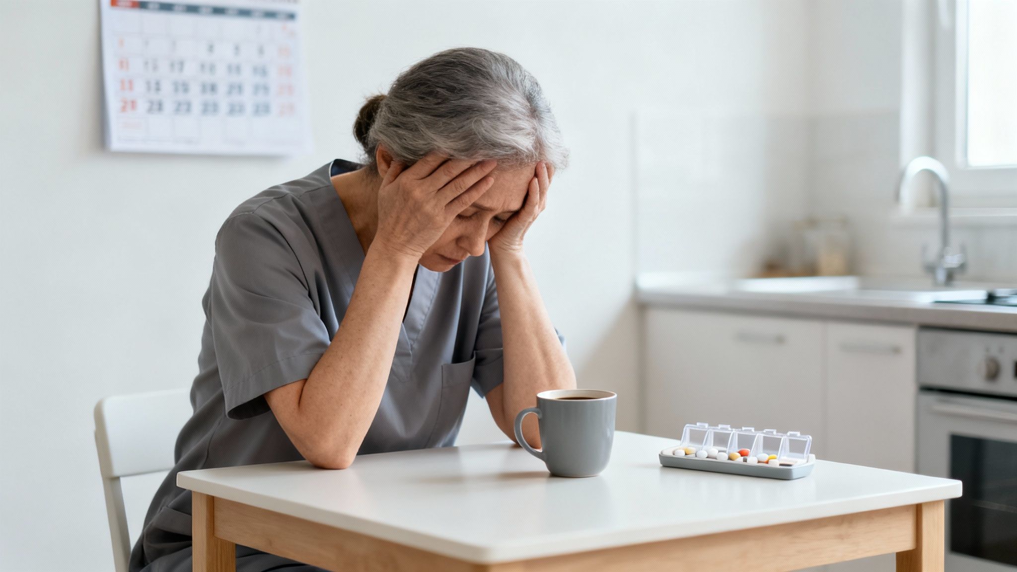 A stressed elderly woman in medical scrubs holding her head, sitting at a kitchen table with coffee and pills.