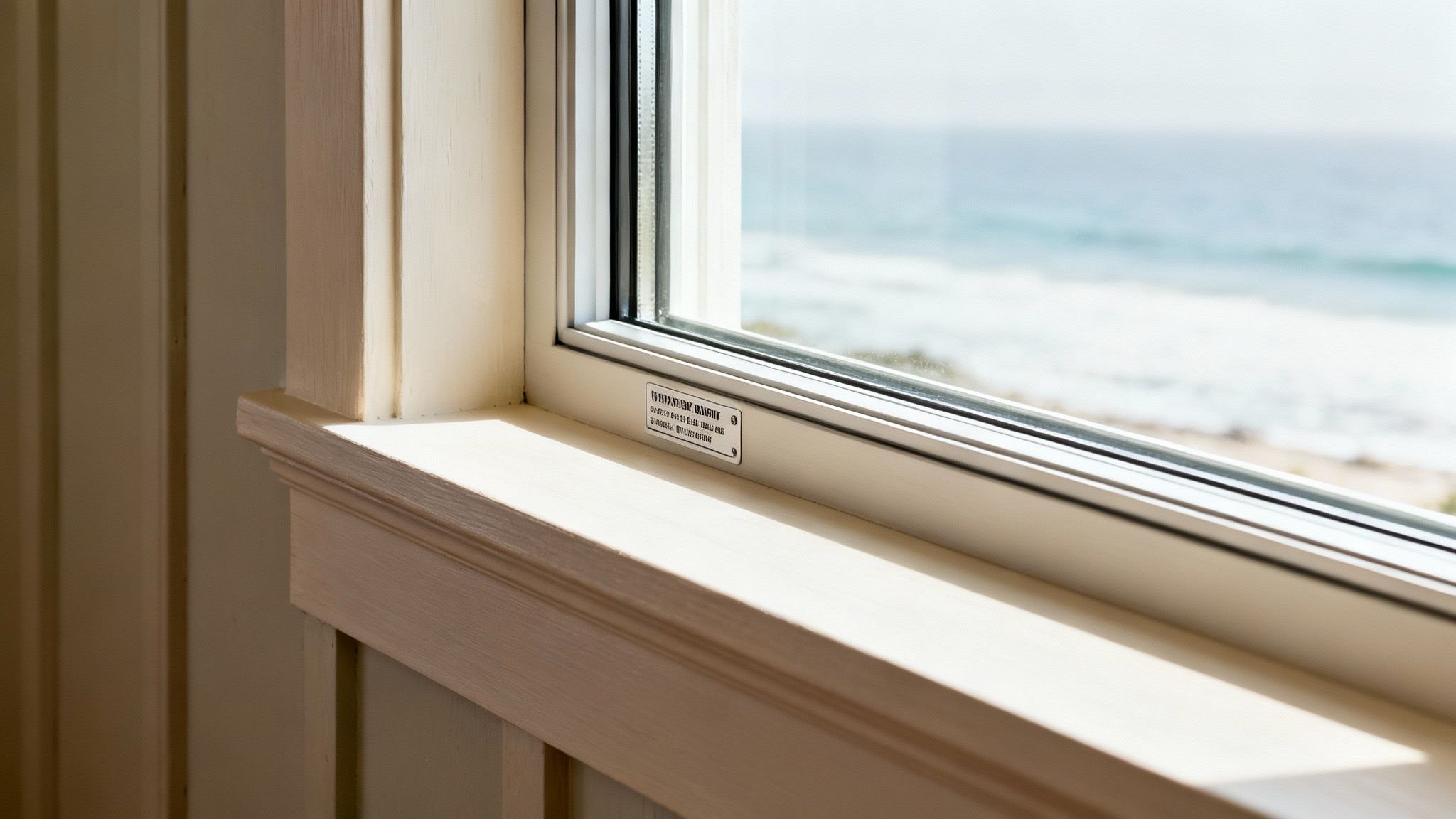 A close-up of a window sill with a plaque and a blurry view of the ocean.