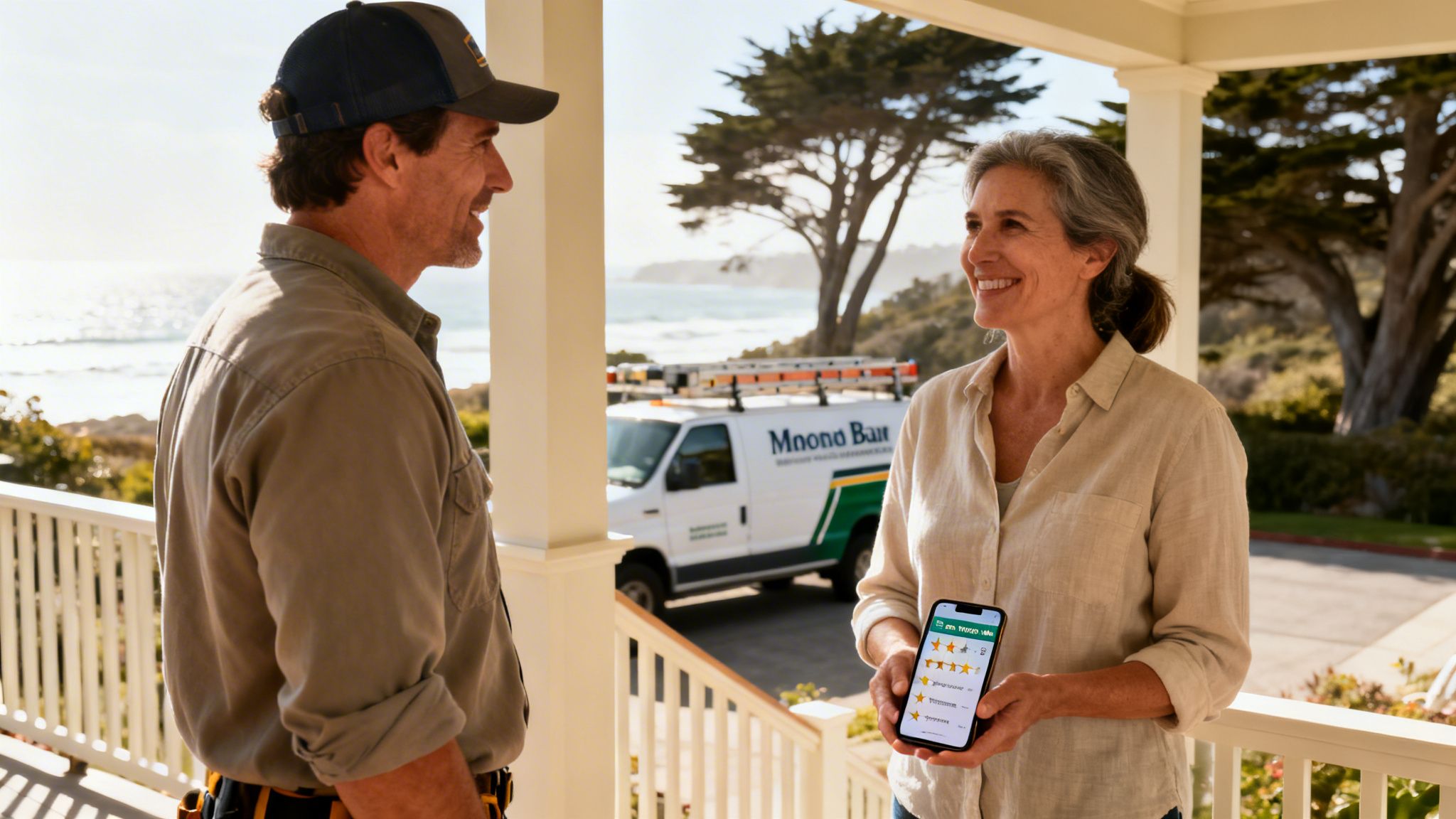 Smiling woman shows contractor customer reviews on phone on a porch with an ocean view.