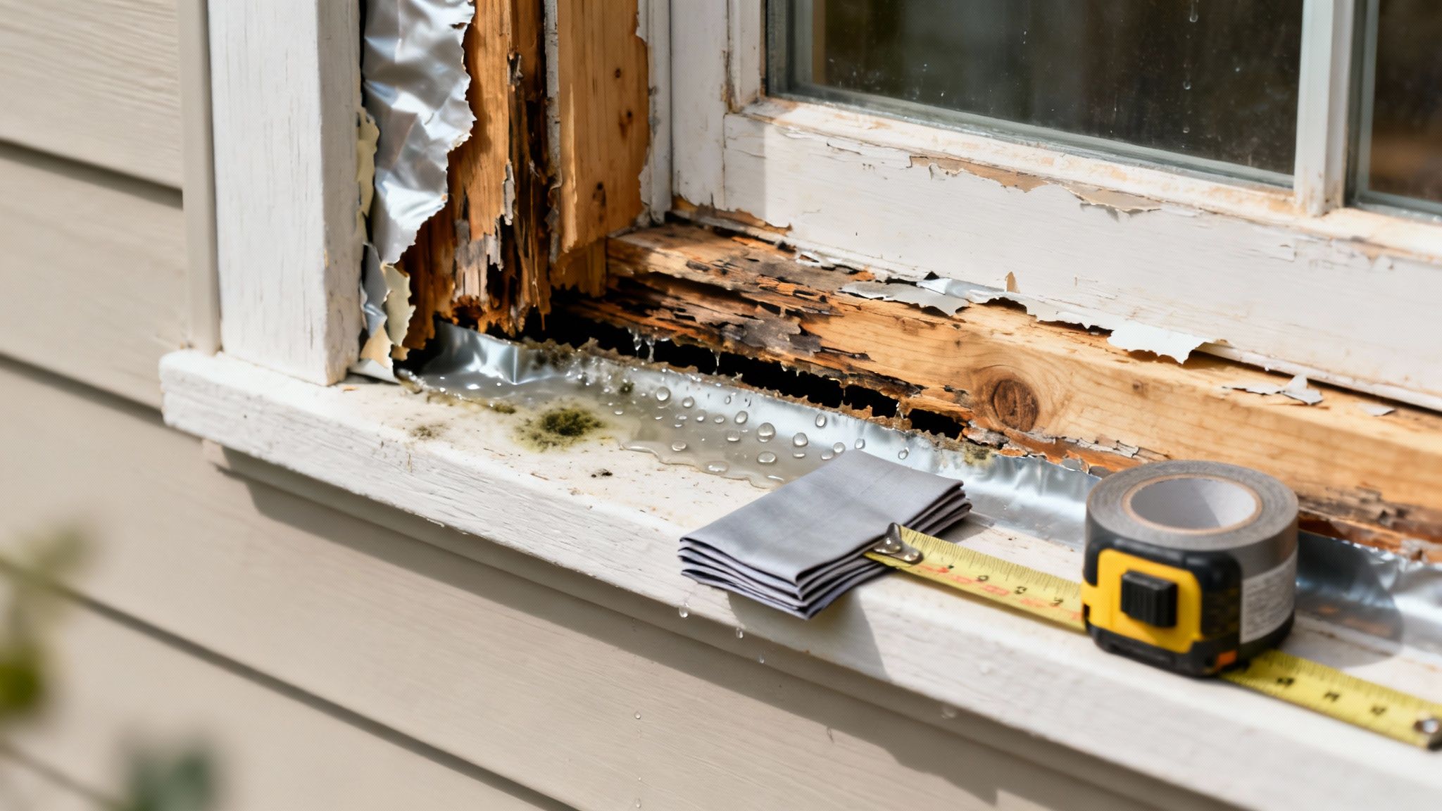 Window frame with severe water damage, wood rot, mold, and exposed insulation, with repair tools.