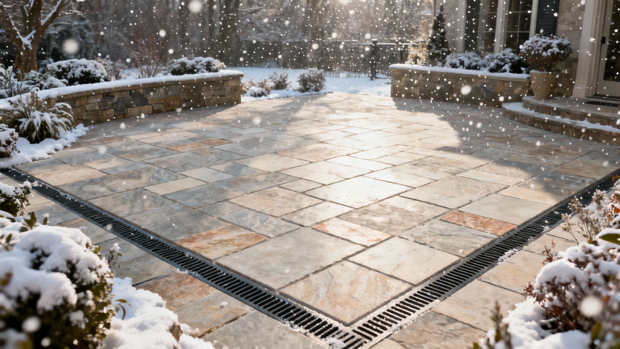 A beautiful stone patio with comfortable seating, designed for all-season use.