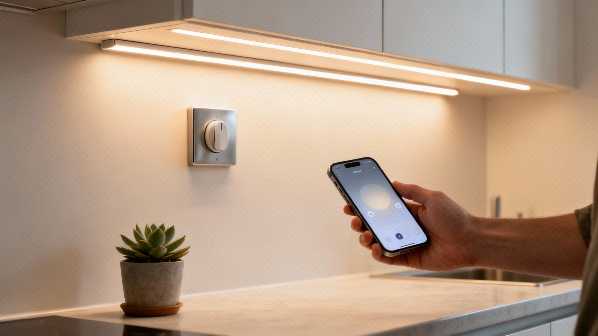 A person uses a smartphone app to control smart under-cabinet lighting in a modern kitchen, with a wall dimmer nearby.