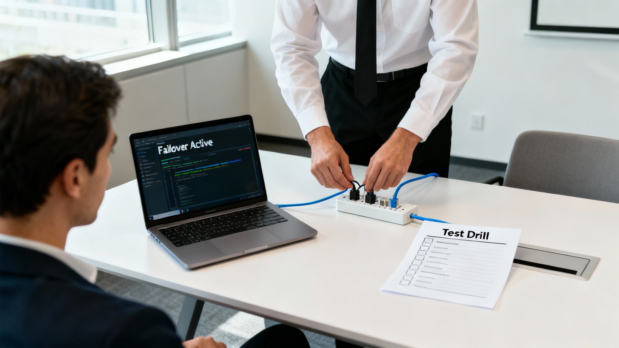 A team member unplugging a server in a controlled test environment while others monitor the results on their laptops.
