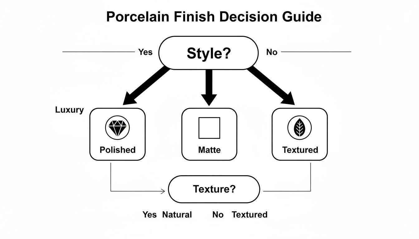 Flowchart guide for choosing porcelain finishes, including polished, matte, and textured options based on style and texture preferences.