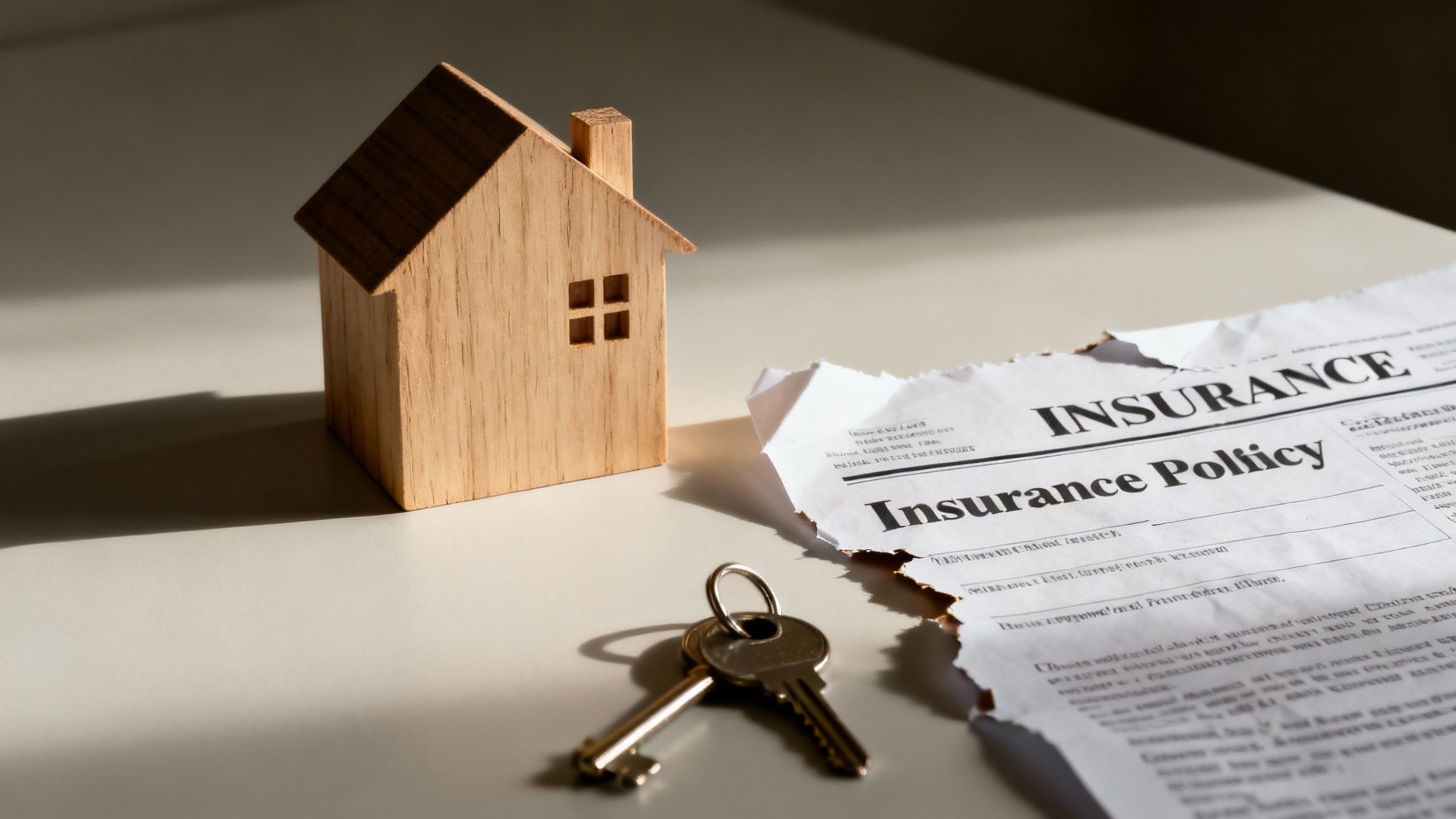A miniature wooden house, torn insurance policy, and house keys on a sunlit table.