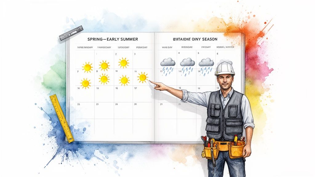 Construction worker pointing at a calendar with weather forecasts, showing sunny and rainy days.