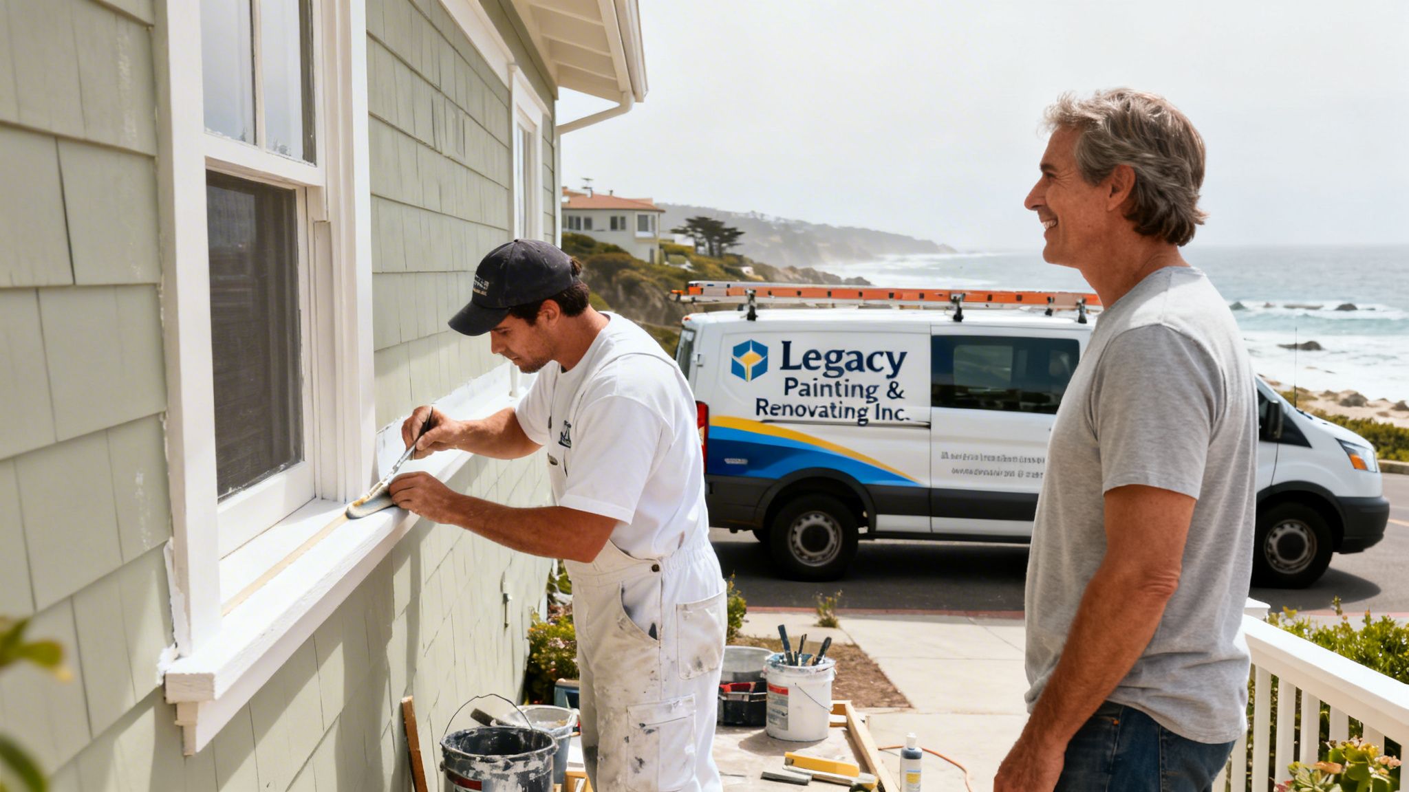 A professional painter paints a house window trim while a smiling man watches, with an ocean view.