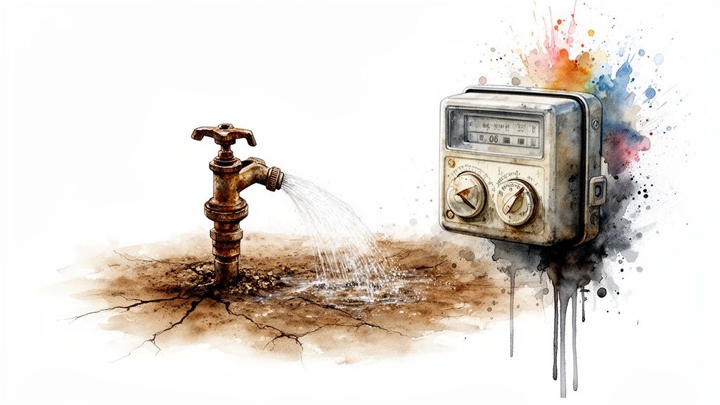 Watercolor art of a rusty tap dripping water onto cracked earth next to a vintage water meter.