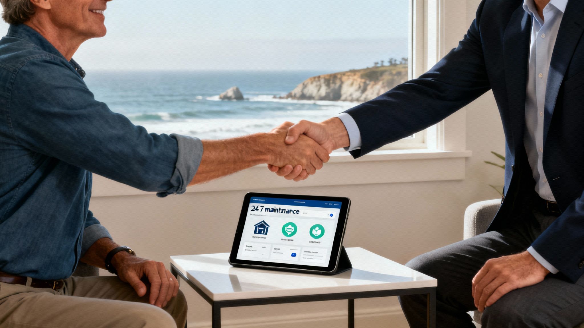 A smiling property manager handing keys to new tenants in a modern home.
