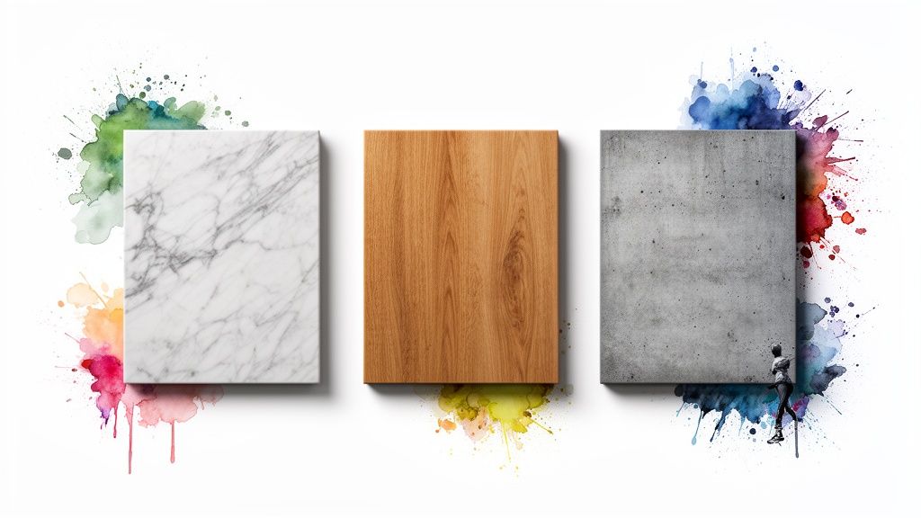 Three material samples, marble, wood, and concrete, surrounded by colorful watercolor paint splatters.