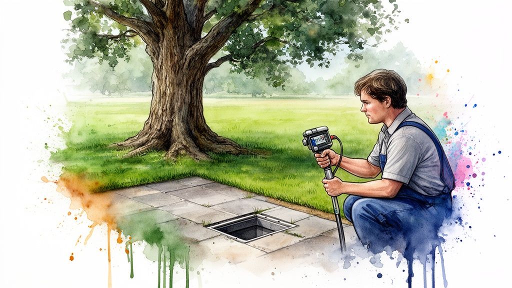 A man in overalls inspects an open utility access point with a digital device outdoors.