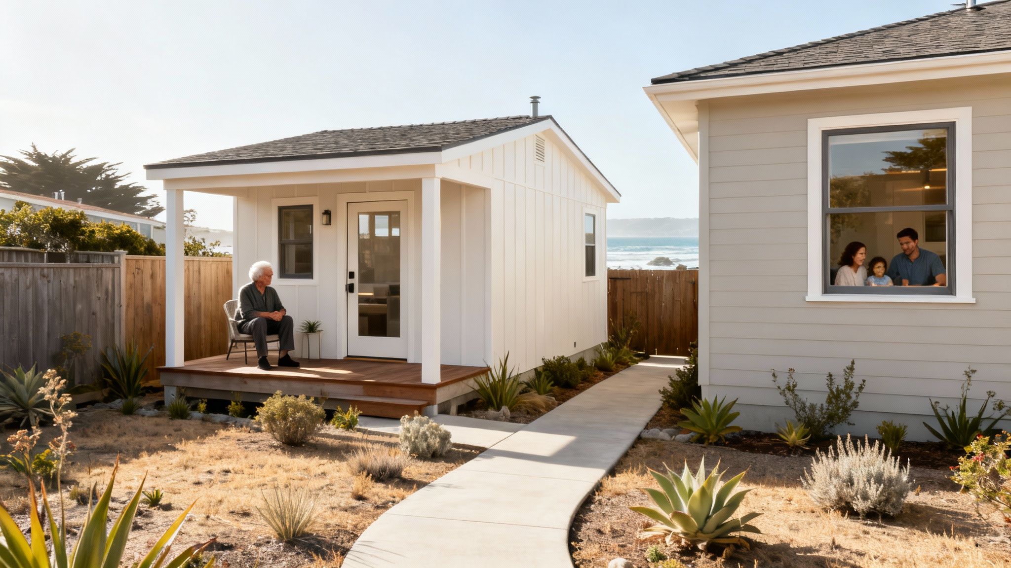 An elderly man sits on a porch while a young family looks from a nearby home, all by the ocean.