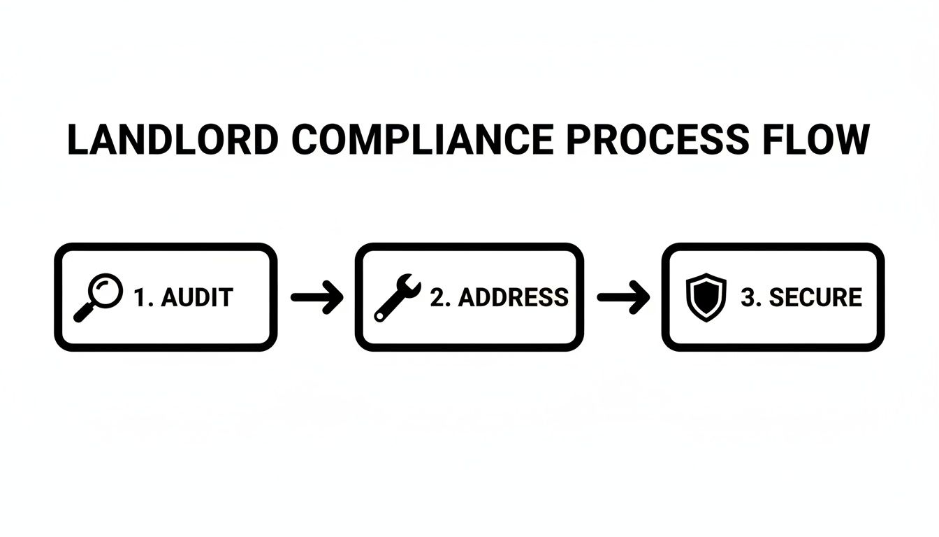 Landlord compliance process flow: 1. Audit (magnifying glass), 2. Address (wrench), 3. Secure (shield).