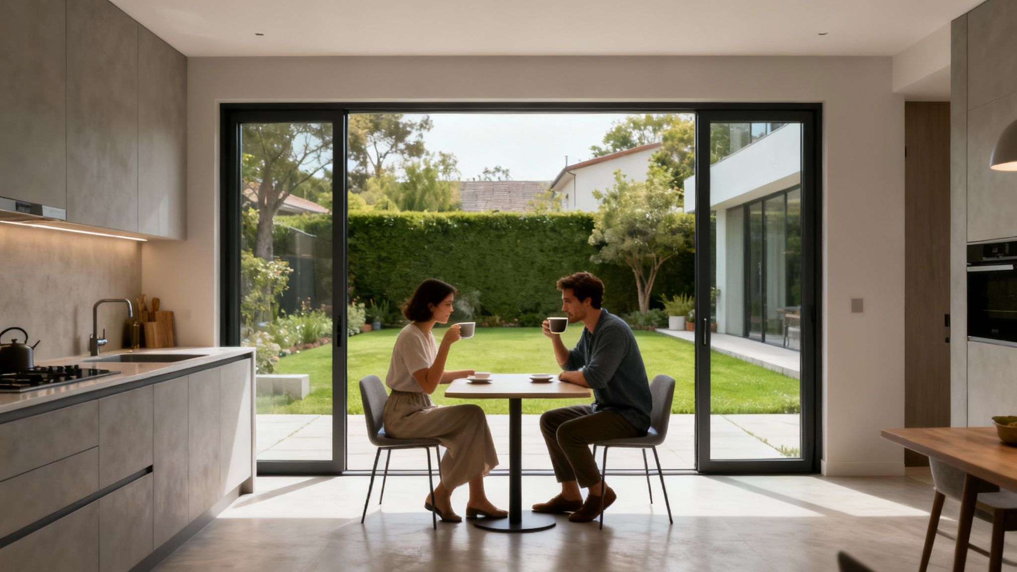 A family enjoys an outdoor meal on a patio connected to the living room by large sliding glass doors, showcasing an enhanced lifestyle.