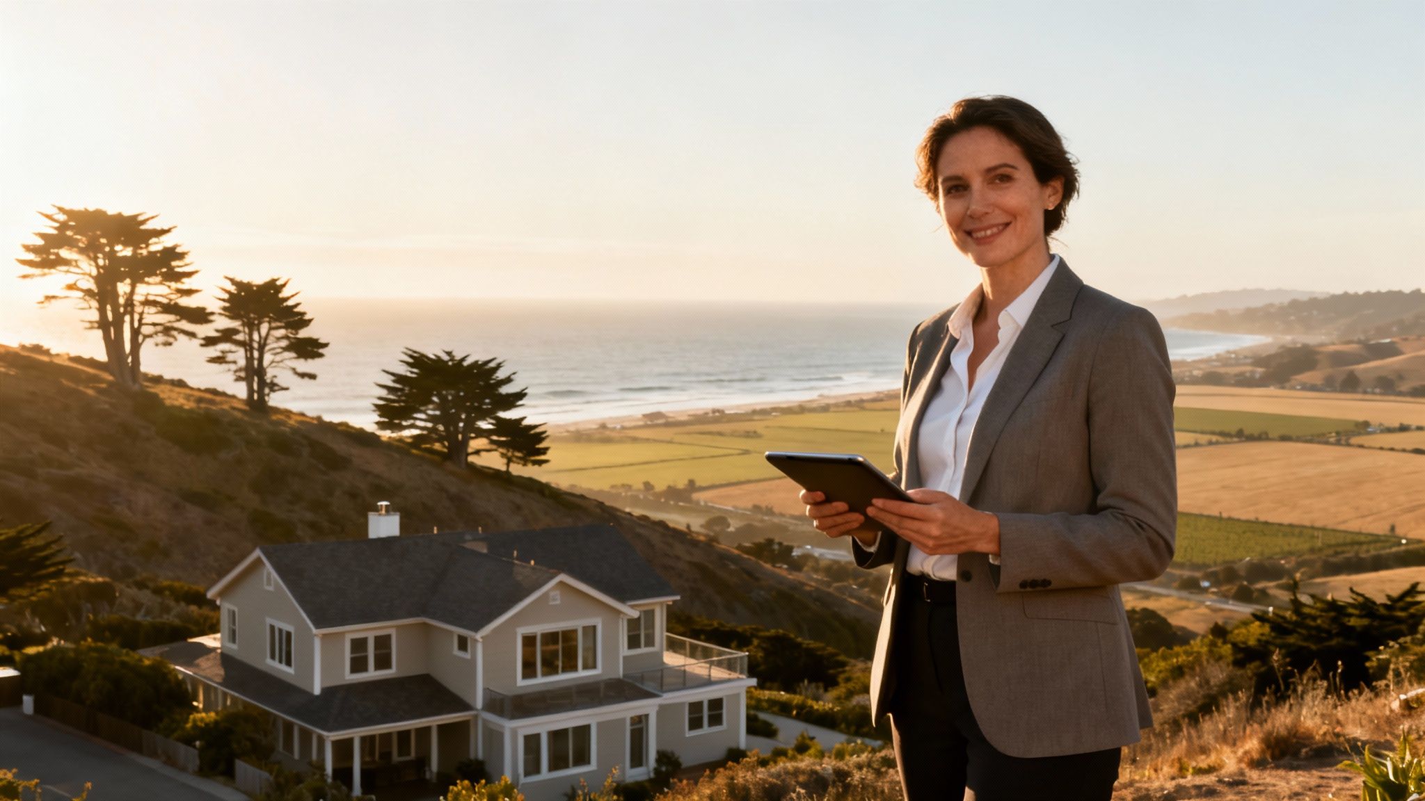 Smiling property manager with a tablet overlooking a luxury home and scenic California coast.