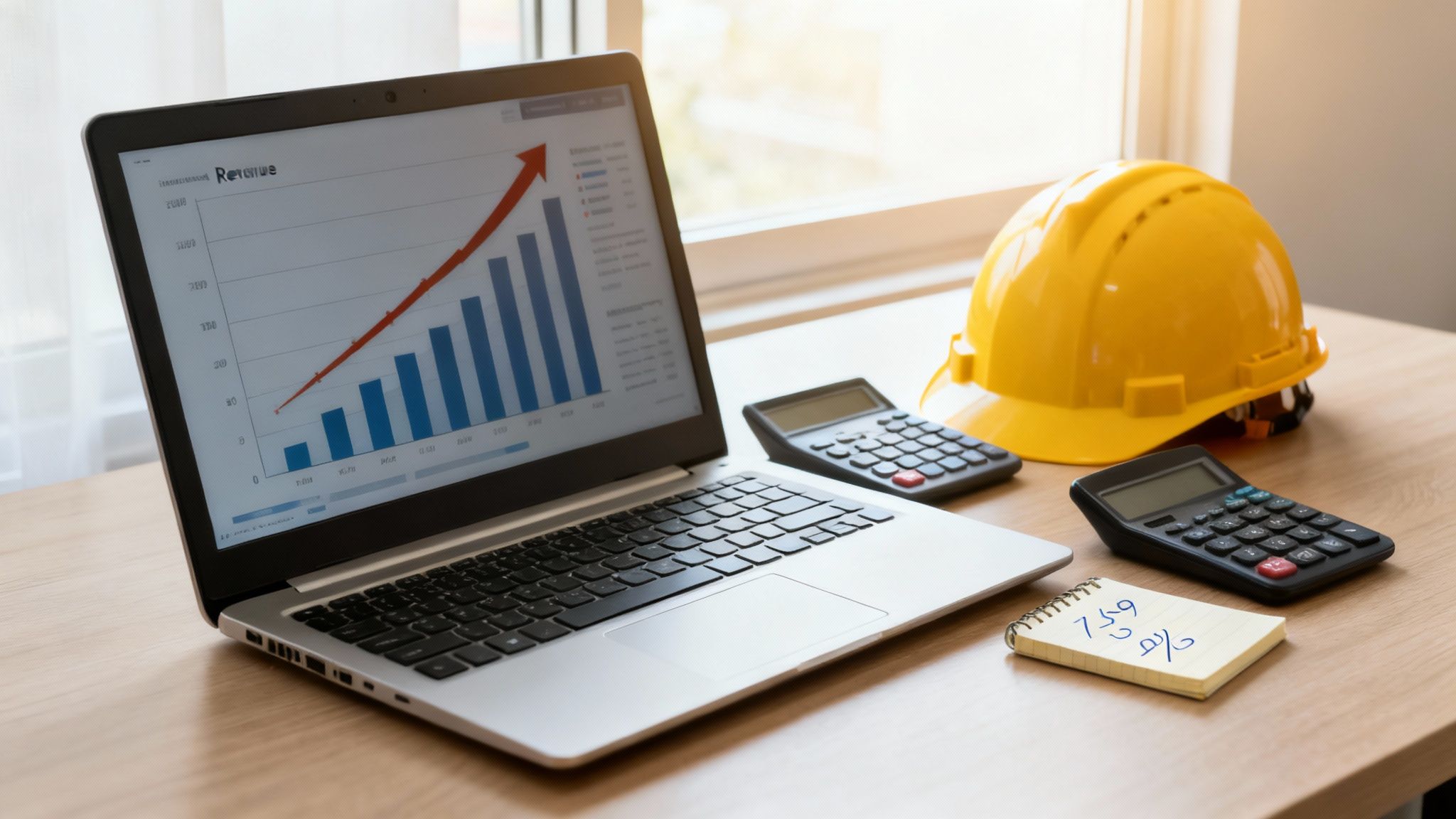 Laptop displaying a revenue growth graph, hard hat, calculators, and notepad for construction finance.