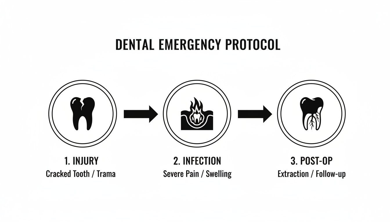 Flowchart illustrating a dental emergency protocol with three steps: injury, infection, and post-op.