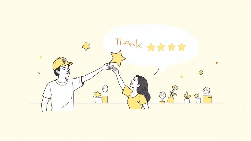 A close-up shot of a smartphone screen showing a five-star review for a local contractor.