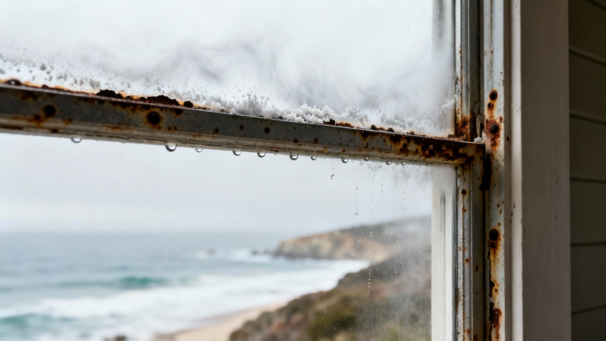 A severely rusted window frame with snow and water droplets, overlooking a misty ocean coastline.