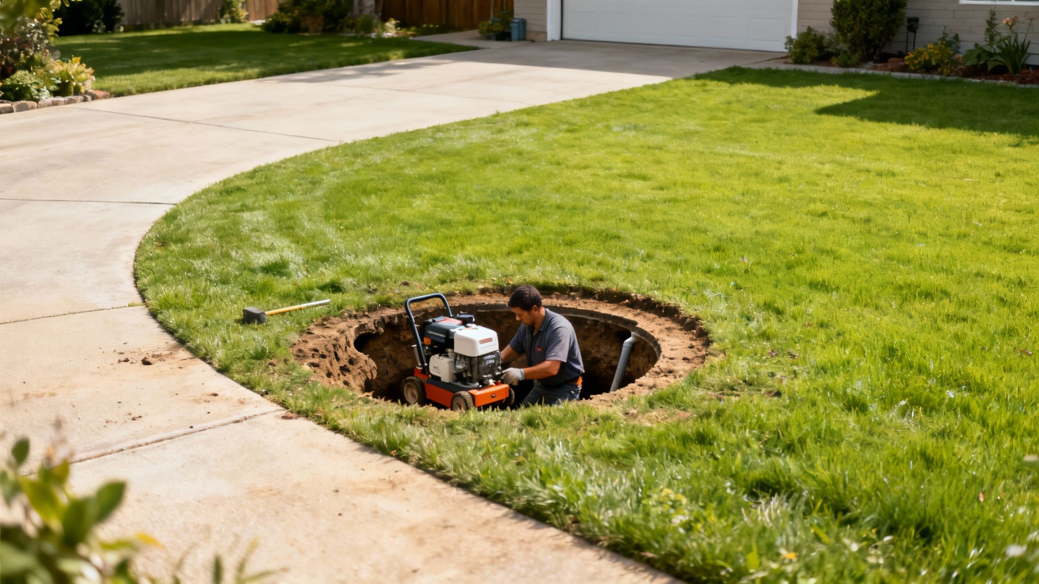 Workers using modern trenchless equipment to repair an underground pipe with minimal disruption to the surrounding landscape.