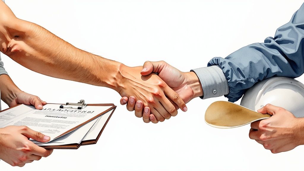 Two men shaking hands, one holding contracts, the other a hard hat, symbolizing a construction agreement.