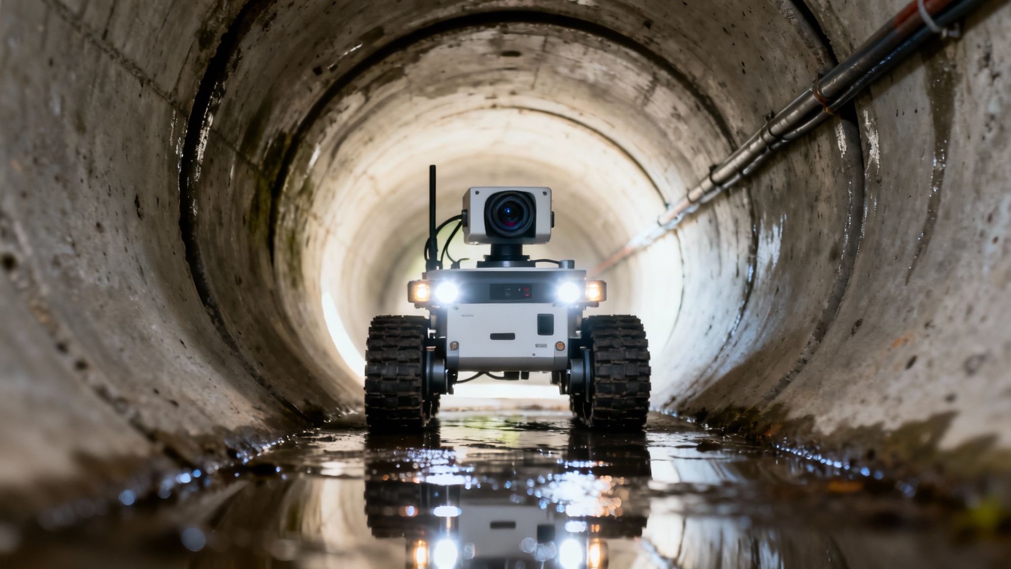 Mapping the Future: 5 Trends Transforming Sewer Line Services in 2026 3 A small, remote-controlled robot with a camera inspects a wet, concrete sewer pipe.