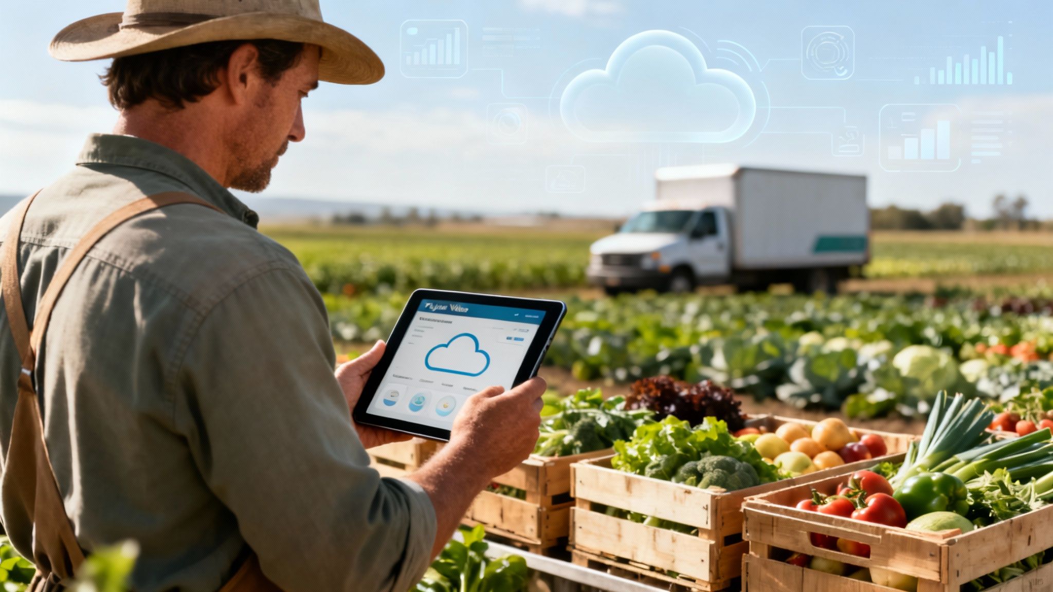 Farmer uses tablet for smart farming, managing fresh produce with cloud technology.